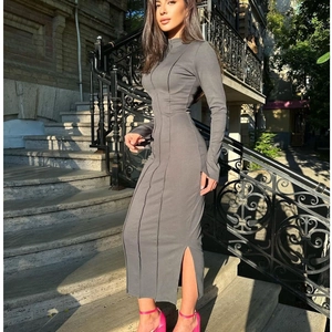 Robe Longue Femme Élégante Col Montant Manches Longues Moulante Panneaux Tricotée Coupe Slim Crayon Casual Fête Couleur Unie