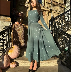 Abito Lungo da Donna Elegante con Stampa Floreale Vita Alta Manica Lunga Girocollo Cintura a Laccio Vintage Casual Abito da Festa