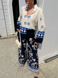 Close-up of elegant floral print on wide-leg trousers and long sleeve shirt set