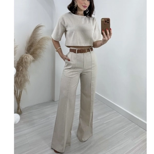 Women Casual Cotton Polyester Top And Bottom Suit Short Sleeve Crop Top And High Waist Wide Leg Pants Solid Color Outfit