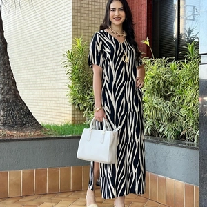 Robe longue élégante à col en V, imprimé zèbre et fente latérale pour femme