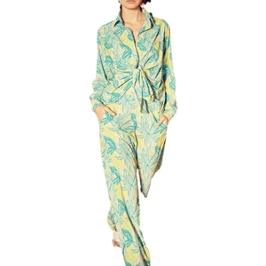 Two-piece tropical leaf print set with tie-front long sleeve shirt and wide-leg pants