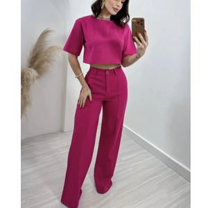 Women's chic rose red linen-cotton set with cropped top and high-waist wide-leg trousers