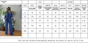 Size chart for casual two-piece set featuring long-sleeved shirt and wide-leg pants