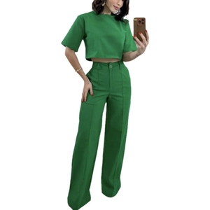 Women fashion grass green cotton linen short top and high waist wide leg pants set