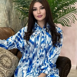 Tenue en Satin Imprimé pour Femme Chemise à Manches Longues Et Pantalon Large Imprimé Marbre Abstrait Mode Décontractée