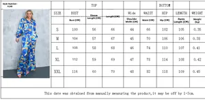 Detailed size chart for the women's printed long sleeve top and wide leg pants two-piece set