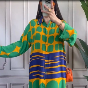 Women's loose long-sleeved maxi dress with colorful geometric pop art prints