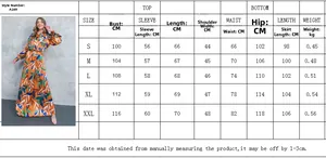 Size chart for floral long sleeve top and pleated skirt set in sizes S to XXL