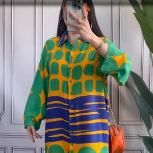 Loose color-block maxi shirt dress with green plaid and blue stripes for women