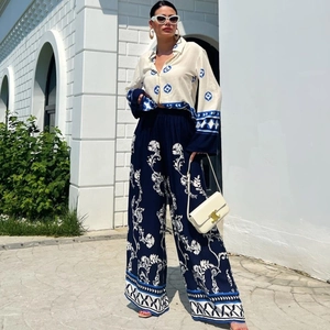 Women Bohemian Floral Printed Long Sleeve Shirt And Wide Leg Pants Loose Vacation Casual Outfit For Everyday Fashion