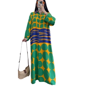 Maxi shirt dress with bold geometric patterns and colorful polka dots for women