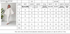 Detailed size chart for women's pleated top and wide-leg trousers fashion two-piece set