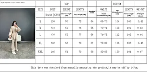 Tableau des tailles détaillé pour ensemble chemise et pantalon femme avec mesures du S au XXL