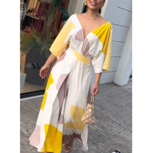 Vestito Maxi da Donna Elegante Scollo a V Vita Alta Stampa Astratta Blocchi Colore Geometrici Manica a Campana Abito Lungo Estivo