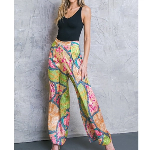 Pantaloni a gamba larga a vita alta da donna in raso con stampe floreali e motivi barocchi