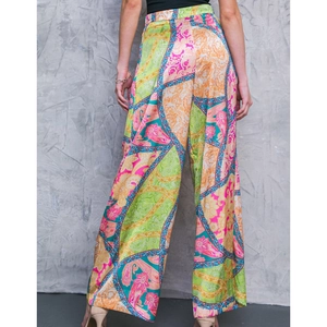 Completo donna 2024 top a spalle scoperte e pantaloni larghi paisley in tessuto setoso