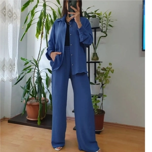 Women Casual Solid Color Top And Bottom Outfit Long Sleeve Button Down Shirt And High Waist Wide Leg Pants Polyester Clothing