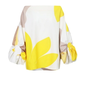 Haut à manches bouffantes et imprimé floral abstrait jaune et blanc pour femme
