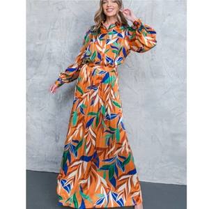 Women Elegant Tropical Leaf Print Long Sleeve Button Down Shirt And High Waist Pleated Maxi Skirt Outfits For Holiday
