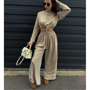 Damen Casual Zwei-Teiler-Set Polyester Plissee Langarm Crop Top Und Hohe Taille Weites Bein Hose Einfarbig Mode Anzug