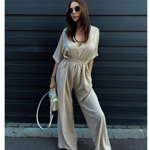 Women Elegant V-Neck Short Sleeve Wide Leg Jumpsuit With Tie Waist Solid Color Casual One-Piece Long Pants Satin Romper Fashion