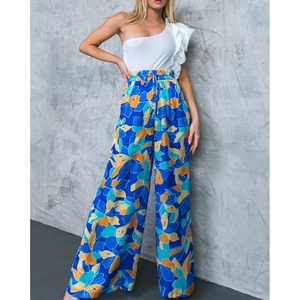 Women's summer two-piece set featuring a white one-shoulder ruffle top and floral wide-leg pants