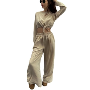 Damen-Set Beige: Langarm-Crop-Top und High-Waist-Hose mit weitem Bein, 2-teilig