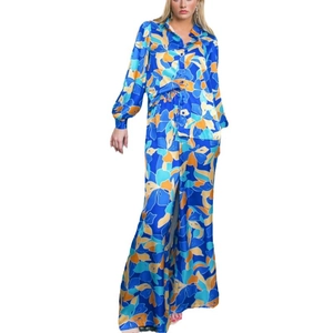 Women's 2-piece floral print set with long sleeve button shirt and wide leg trousers