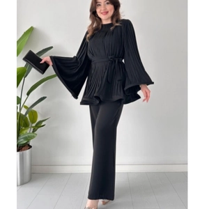 Women Elegant Pleated Long Bell Sleeve Top And Wide Leg Pants Solid Color Casual Pullover Top And Bottom