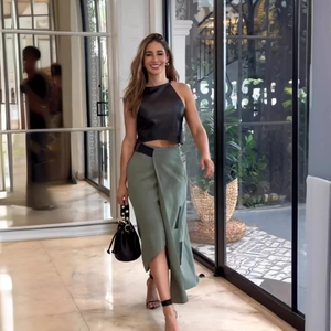 Ensemble chic pour femme avec haut court dos nu et jupe mi-longue asymétrique vert olive
