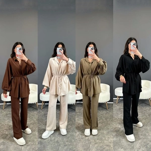 Tenue Plissée Décontractée pour Femmes Chemise à Manches Longues Lanterne à Lacets Pantalon Droit Large Mode Lounge