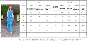 Detailed size chart for the blue floral print waist-tie top and wide-leg pants set