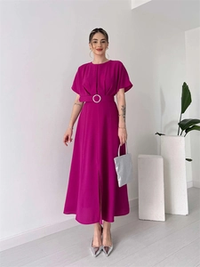 Elegant fuchsia midi dress featuring a cinched waist with a round silver buckle belt