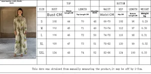 Detailed size chart for floral print long sleeve top and pants set showing S-XXL measurements