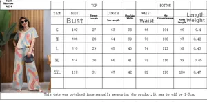 Size chart detail for casual two-piece printed set with top and wide-leg trousers