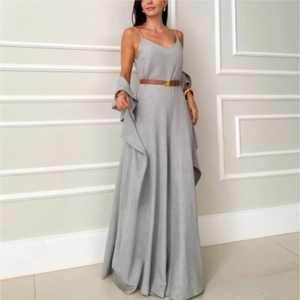 Damen Eleganter Polyester Ärmelloser Sling Jumpsuit Mit Gürtel Einfarbig Weites Bein Lange Hose Einteiler Mode Jumpsuit