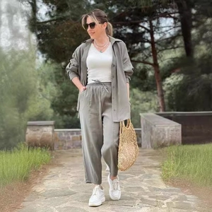 Women's Casual Polyester Loose Long Sleeve Button Down Shirt And High Waist Lace Up Pants Top And Bottom Outfit