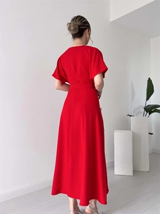 Rear view of long red dress with butterfly sleeves, waist belt and back invisible zipper