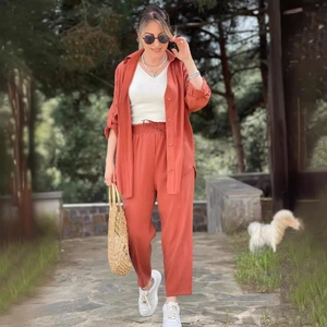 Women's 2-piece rust red casual set with long sleeve button shirt and high waist pants