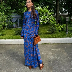 Elegant Women Floral Print Long Sleeve Maxi Dress Satin Look Tie Waist Round Neck Vintage Casual Party Evening Gown