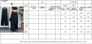 Size chart for high waisted wide leg trousers with waist, hip and length specs in S-XXL