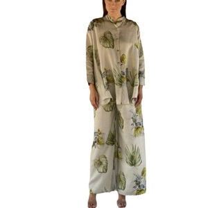 Women's 2-piece cotton linen set featuring green tropical leaf print shirt and wide-leg pants