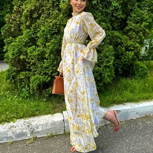 Robe Longue en Mousseline Imprimé Floral Élégante Française Col Montant Manches Longues Taille Ceinturée Robe de Soirée pour Femmes
