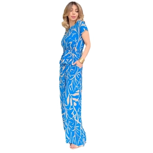 Women's 2-piece set with royal blue tropical leaf print top and wide-leg pants
