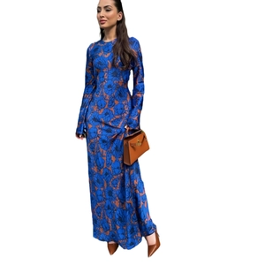 Long sleeve floral print maxi dress in deep blue and brown with a belted waist and round neck