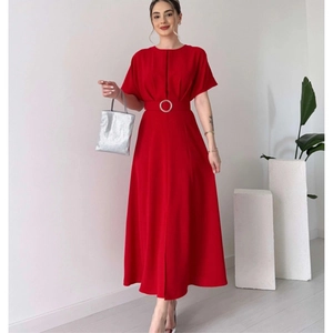 Women's Elegant Solid Color Pleated Maxi Dress With Belt Round Neck Short Sleeve A-Line Slit Evening Party Summer Long Dress