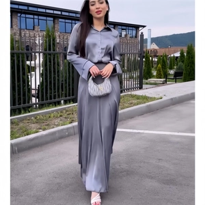Women Satin Elegant Long Sleeve Shirt And High Waist Maxi Skirt Top And Bottom Set Silver Gray Office Lady Outfits