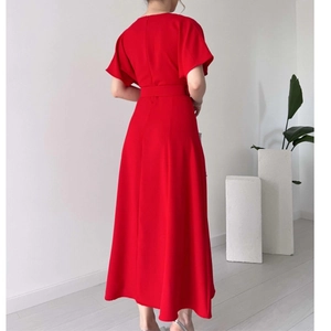 Elegant red maxi dress with ruffled short sleeves and matching waist belt, back view