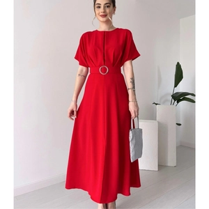 Elegant bright red maxi dress with pleated chest, short sleeves, and silver ring belt